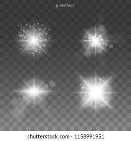 Set. Shining star, the sun particles and sparks with a highlight effect, color bokeh lights glitter and sequins. On a dark background transparent. Vector, EPS10