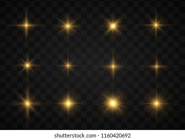 Set. Shining star, the sun particles and sparks with a highlight effect, color bokeh lights glitter and sequins. On a dark background transparent. Vector, EPS10