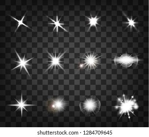 Set. Shining star, the sun particles and sparks with a highlight effect, color bokeh lights glitter and sequins. On a dark background transparent. Vector, EPS10 