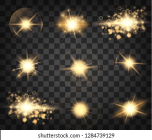 Set. Shining star, the sun particles and sparks with a highlight effect, color bokeh lights glitter and sequins. On a dark background transparent. Vector, EPS10