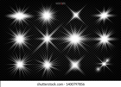 Set. Shining star, the sun particles and sparks with a highlight effect, color bokeh lights glitter and sequins. On a dark background transparent. Vector, EPS10 