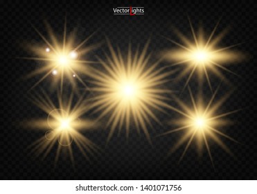 Set. Shining star, the sun particles and sparks with a highlight effect, color bokeh lights glitter and sequins. On a dark background transparent. Vector, EPS10