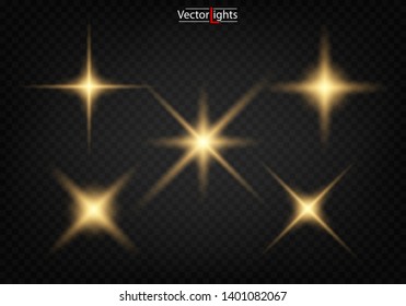 Set. Shining star, the sun particles and sparks with a highlight effect, color bokeh lights glitter and sequins. On a dark background transparent. Vector, EPS10