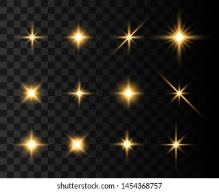 Set. Shining star, the sun particles and sparks with a highlight effect, color bokeh lights glitter and sequins. On a dark background transparent. Vector, EPS10