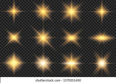 Set. Shining star, the sun particles and sparks with a highlight effect, color bokeh lights glitter and sequins. On a dark background transparent. Vector, EPS10