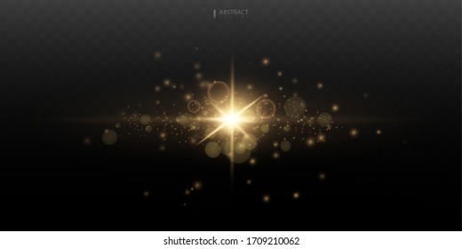 Establecer. Estrellas brillantes, partículas solares y chispas con un efecto resaltado, luces de color bokeh brillan y secuelas. En un fondo oscuro transparente. Vector, EPS10