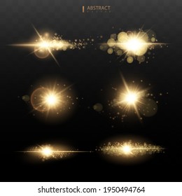 Set Shining star, the sun particles and sparks with a highlight effect, color bokeh lights glitter and sequins. On a dark background transparent. Vector, EPS10
