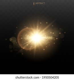 Ponga la estrella brillante, las partículas solares y chispas con un efecto de resaltado, brillo de las luces de color y secuelas. En un fondo oscuro transparente. Vector, EPS10