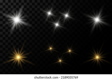 Set. Shining star, the sun particles and sparks with a highlight effect, color bokeh lights glitter and sequins. On a dark background transparent. Vector, EPS10