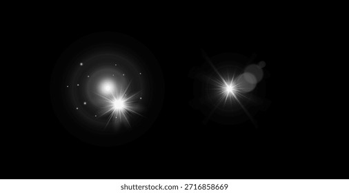 Set. Shining star, the sun particles and sparks with a highlight effect, golden bokeh lights glitter and sequins. On a dark background transparent. Vector, EPS10