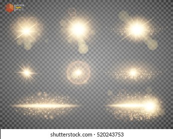 Set. Shining star, the sun particles and sparks with a highlight effect, gold glitter bokeh lights and tinsel. On a dark background transparent. Vector, EPS10