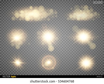 Set. Shining star, the sun particles and sparks with a highlight effect, gold glitter bokeh lights and tinsel. On a dark background transparent. Vector, EPS10
