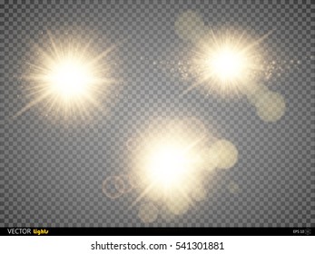 Set. Shining star, the sun particles and sparks with a highlight effect, gold glitter bokeh lights and tinsel. On a dark background transparent. Vector, EPS10