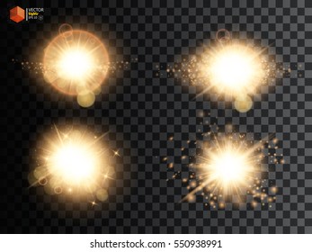 Set. Shining star, the sun particles and sparks with a highlight effect, gold glitter bokeh lights and tinsel. On a dark background transparent. Vector, EPS10
