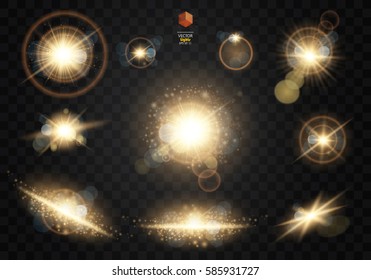 Set. Shining star, the sun particles and sparks with a highlight effect, golden bokeh lights glitter and sequins. On a dark background transparent. Vector, EPS10