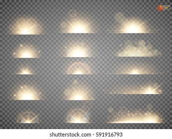 Set. Shining star, the sun particles and sparks with a highlight effect, golden bokeh lights glitter and sequins. On a dark background transparent. Vector, EPS10