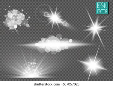 Set. Shining star, the sun particles and sparks with a highlight effect, golden bokeh lights glitter and sequins. On a dark background transparent. Vector, EPS10
