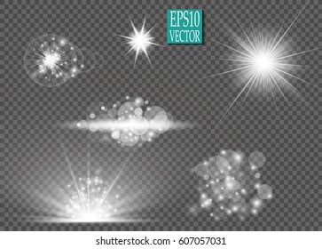 Set. Shining star, the sun particles and sparks with a highlight effect, golden bokeh lights glitter and sequins. On a dark background transparent. Vector, EPS10
