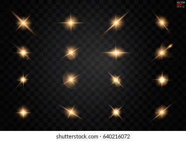 Set. Shining Star, The Sun Particles And Sparks With A Highlight Effect, Golden Bokeh Lights Glitter And Sequins. On A Dark Background Transparent. Vector, EPS10