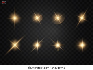 Set. Shining star, the sun particles and sparks with a highlight effect, golden bokeh lights glitter and sequins. On a dark background transparent. Vector, EPS10