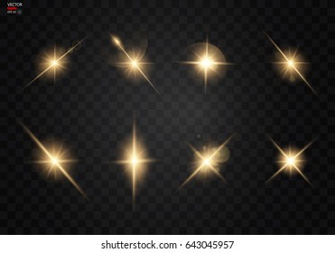 Set. Shining Star, The Sun Particles And Sparks With A Highlight Effect, Golden Bokeh Lights Glitter And Sequins. On A Dark Background Transparent. Vector, EPS10