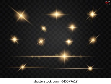 Set. Shining Star, The Sun Particles And Sparks With A Highlight Effect, Golden Bokeh Lights Glitter And Sequins. On A Dark Background Transparent. Vector, EPS10