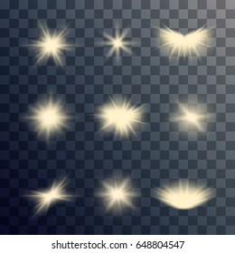 Set. Shining star, the sun particles and sparks with a highlight effect, golden bokeh lights glitter and sequins. On a dark background transparent. Vector, EPS10