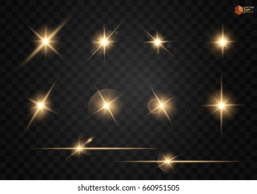 Set. Shining star, the sun particles and sparks with a highlight effect, golden bokeh lights glitter and sequins. On a dark background transparent. Vector, EPS10