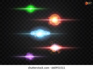 Set. Shining star, the sun particles and sparks with a highlight effect, golden bokeh lights glitter and sequins. On a dark background transparent. Vector, EPS10