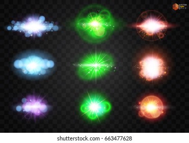 Set. Shining star, the sun particles and sparks with a highlight effect, color bokeh lights glitter and sequins. On a dark background transparent. Vector, EPS10