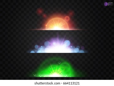 Set. Shining star, the sun particles and sparks with a highlight effect, color bokeh lights glitter and sequins. On a dark background transparent. Vector, EPS10