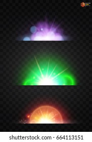 Set. Shining star, the sun particles and sparks with a highlight effect, color bokeh lights glitter and sequins. On a dark background transparent. Vector, EPS10