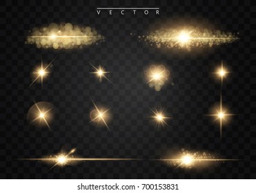 Set. Shining star, the sun particles and sparks with a highlight effect, color bokeh lights glitter and sequins. On a dark background transparent. Vector, EPS10