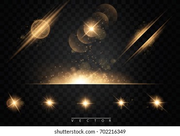  Establecer. Estrellas brillantes, partículas solares y chispas con un efecto resaltado, luces de color bokeh brillan y secuelas. En un fondo oscuro transparente. Vector, EPS10