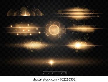 Set. Shining star, the sun particles and sparks with a highlight effect, color bokeh lights glitter and sequins. On a dark background transparent. Vector, EPS10