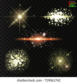 Set. Shining star, the sun particles and sparks with a highlight effect, On a dark background transparent.