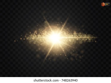 Set. Shining star, the sun particles and sparks with a highlight effect, color bokeh lights glitter and sequins. On a dark background transparent. Vector, EPS10