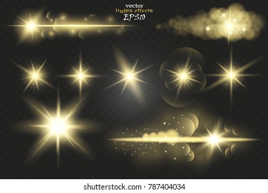 Set. Shining star, the sun particles and sparks with a highlight effect, color bokeh lights glitter and sequins. On a dark background transparent. Vector, EPS10