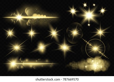 Set. Shining star, the sun particles and sparks with a highlight effect, color bokeh lights glitter and sequins. On a dark background transparent. Vector, EPS10