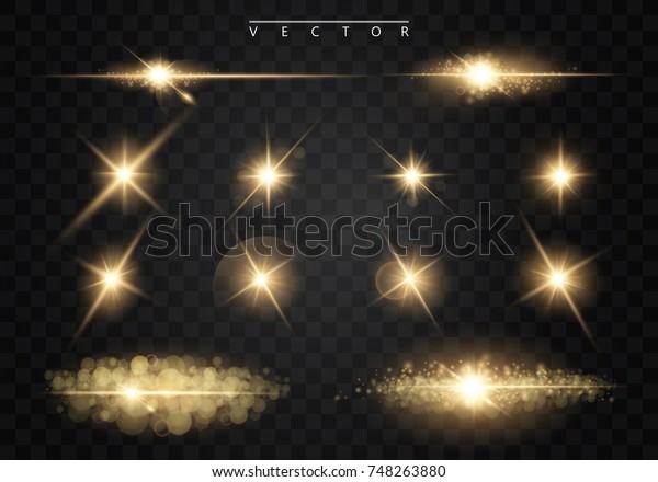 Set. Shining star, the sun\
particles and sparks with a highlight effect, color bokeh lights\
glitter and sequins. On a dark background transparent. Vector,\
EPS10