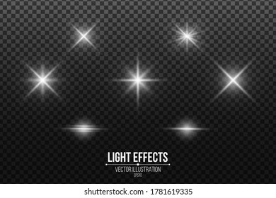 Set of shining stars. Light effects isolated on a black transparent background. White glares and flare. Vector illustration. EPS 10