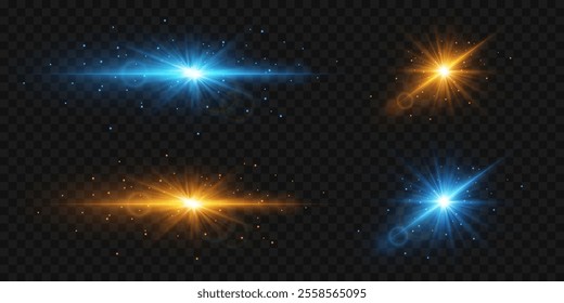 Set of shining stars and light effects. Flash and explosion of glare and rays. On a transparent background.