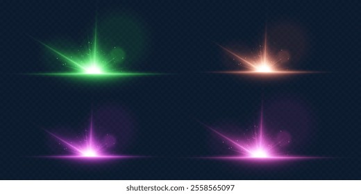 Set of shining stars and light effects. Flash and explosion of glare and rays. On a transparent background.