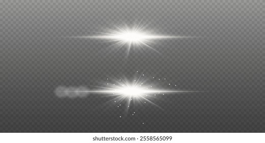 Set of shining stars and light effects. Flash and explosion of glare and rays. On a transparent background.