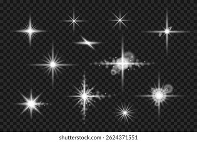 set of shining stars with long cross and snowflake-like rays. beautiful bokeh effect with light diffusion on transparent background