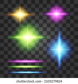 Set of shining stars of various colors, sun particles, sparks, and sparkling effects on a transparent background