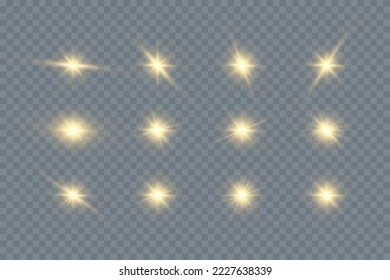 Set. Shining sun star, particles and sparks with highlight effect, color bokeh lights glitter and sparkles. On a dark bright background. Vector, EPS10