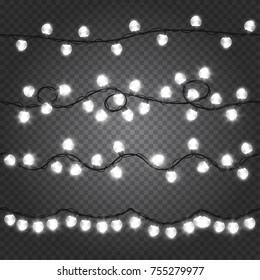 Set of shining white garlands, festive xmas decorations. Glowing holiday christmas lights isolated on transparent background. Horizontal seamless realistic 3d vector objects.