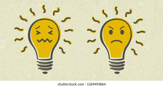 Set of shining yellow light bulb isolated on white paper background. Emoji lightbulb with funny emotion. Hand-drawn vector illustration. Creative concept of idea.