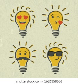 Set of shining yellow light bulb isolated on white paper background. Emoji lightbulb with funny emotion. Hand-drawn vector illustration. Creative concept of idea.